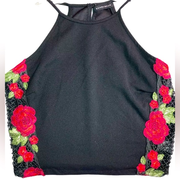 Starlight Juniors Size Large Black Red Rose Embroidered Halter Top - Picture 1 of 4
